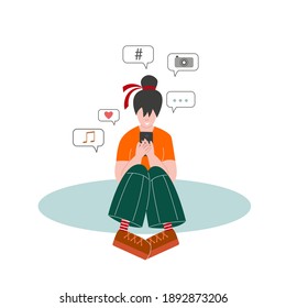 Casual weared teenager girl sits with mobile smartphone and takes messages surfing Internet. Social media, Internet connection, online communication. 