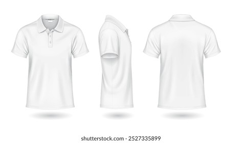 Casual white polo shirts front back and side view mockup design realistic vector illustration set. Classic t-shirt with copyspace 3d models on white background