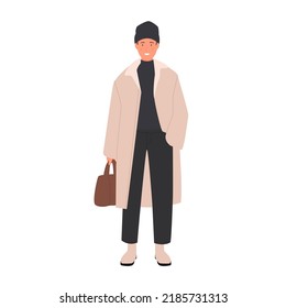 Casual winter clothes on smiling man. Warm fashion outfit, long trench coat vector illustration