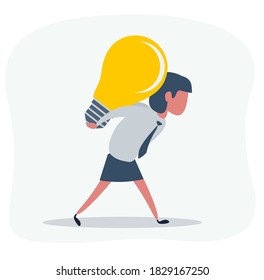 casual woman with business idea light bulb on her back. Stock vector illustration for poster, greeting card, website, ad, business presentation, advertisement design.