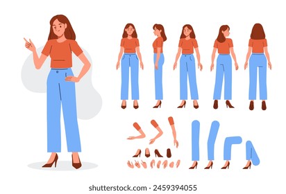 Constructor de personajes de mujer casual para animación. Vista frontal, lateral y trasera. Colección de partes del cuerpo y posturas. Ilustración vectorial 