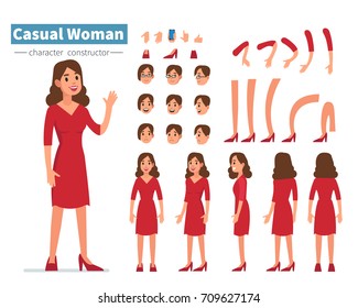 Casual Woman Character Constructor For Animation. Flat Style Vector Illustration Isolated On White Background.  
