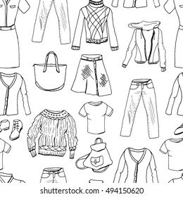 Casual woman clothes. Seamless pattern,black and white