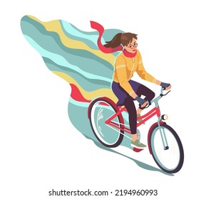 Casual woman cyclist enjoying riding bicycle. Bicyclist girl person character cycling bike outdoors. Healthy transportation, city transport, urban fitness, summer sport flat vector illustration