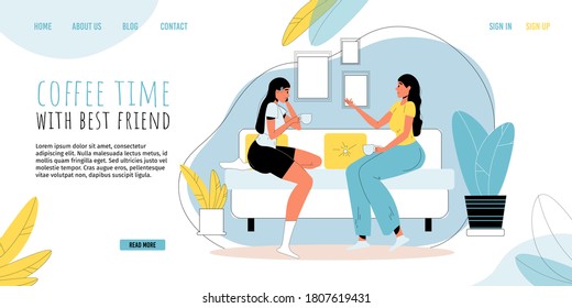 Casual woman help-mate character spending time together in nice conversation at home living room. Friendship, people communication. Coffee time between best friend. Daily life. Landing page design