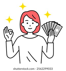 Casual woman holding money and making an OK sign