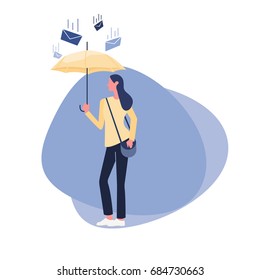Casual woman holding umbrella and protecting herself from falling letter envelopes. Vector illustration