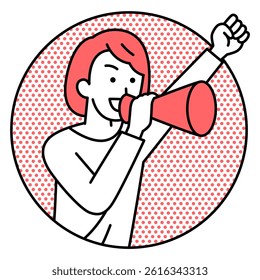 Casual woman jumping out of a circle and cheering with a megaphone