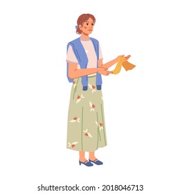Casual woman in long skirt, blouse choosing fabric or cloth isolated flat cartoon character. Vector middle age lady on shopping, fashion elegant lady side view