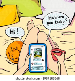 Casual woman lying in bed and chatting with her friends on social networks, freelance vector illustration in pop art comic style