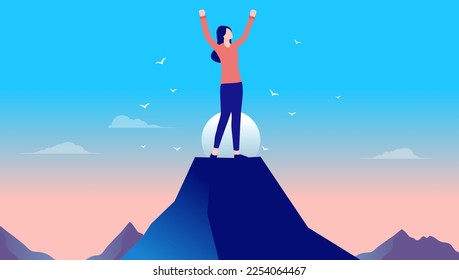 Casual woman on mountaintop feeling free with hands raised, happy and cheerful over personal achievement and success. Flat design vector illustration with copy space for text