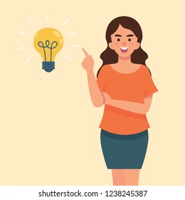 casual woman pointing an idea with bulb lamp, business woman has a great idea