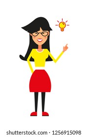 Casual woman pointing an idea with incandescent bulb, business woman has a great idea - Vector graphics. Flat style vector illustration. Businesswoman.