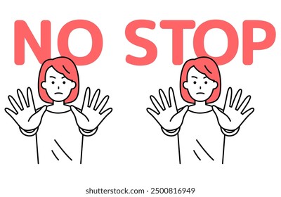 Casual woman putting both hands in front of him to control his NO and STOP gestures