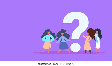 casual woman question mark together female character diversity poses violet background full length horizontal cartoon flat vector illustration