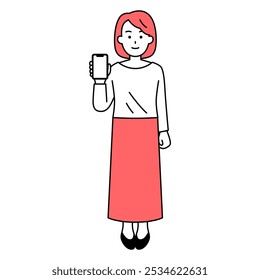 Casual woman showing smartphone screen (full body)
