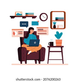 Casual Woman Sitting On the Sofa at The Living Room While Working on Remote Working  