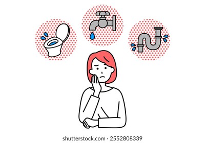 Casual woman suffering from water leak in bathroom