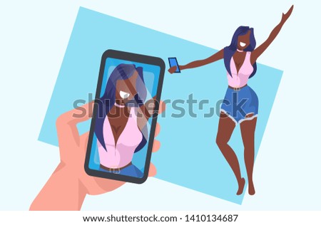 casual woman taking selfie on smartphone camera hand holding cellphone with photo on screen african american female cartoon character posing flat full length horizontal