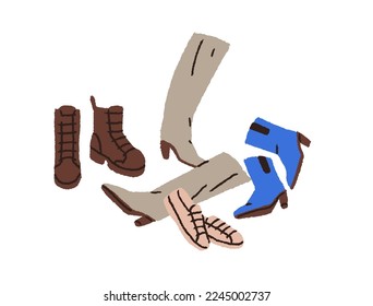 Casual women footwear. High boots, heeled and sport shoes, sneakers in chaos, disorder. Modern fashion female foot wearing composition. Flat vector illustration isolated on white background
