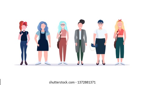 casual women standing together smiling different body shape types and hairstyles girls female cartoon characters full length flat white background horizontal