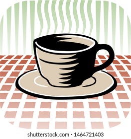 Casual woodcut / linoleum cut / engraving of coffee or teacup icon on check tablecloth