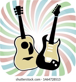 Casual woodcut / linoleum cut / engraving of acoustic and electric guitars over swirl background
