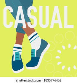 CASUAL word and female legs in flats. Bright colorful fashion design. Vector banner template for shoe themed businesses.