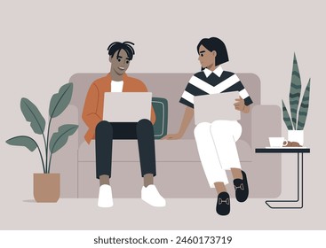 Casual Work Chat, Colleagues Collaborating on a Sofa in Modern Office, Two professionals engaged in a relaxed discussion with laptops on a comfortable couch