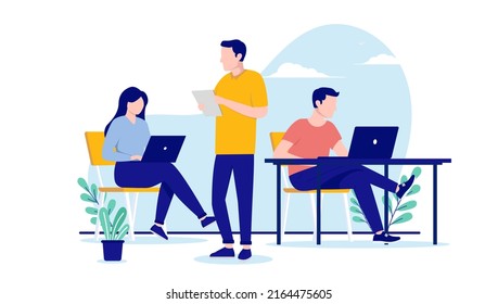 Casual working people - Group of employees characters doing office work on white background. Flat design vector illustration