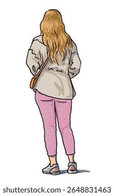 Casual jovem loira cidade mulher de pé ao ar livre sozinho, vista traseira, colorido desenho à mão livre realista, ilustração vetor isolado no fundo branco