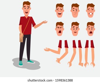 casual young boy cartoon character set for your animation, design or motion with different facial emotions and hands.