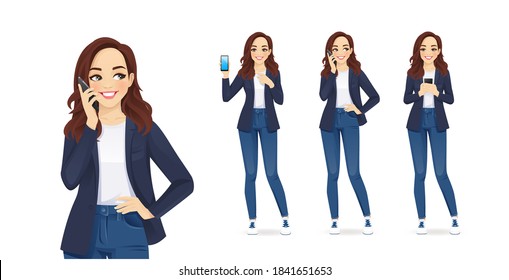 Casual young business woman with mobile phone isolated vector illustration