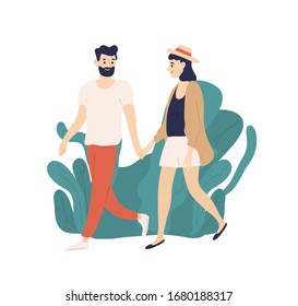 Casual young couple walking holding hands outdoors vector flat illustration. Happy relaxed man and woman spending time together isolated on white background. People enjoy romantic relationship