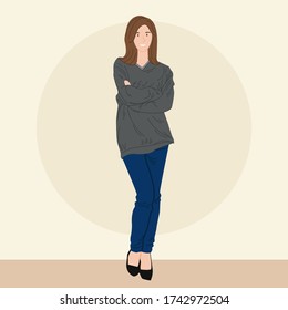 casual young girl standing. Vector illustration in flat cartoon style.