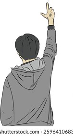 Casual young male cartoon character pointing finger up