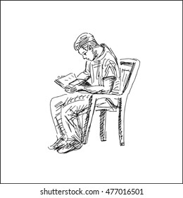 casual  young man with book vector illustration, in sketch hand drawn style
