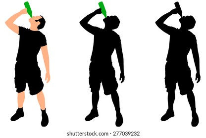 Casual young man drinking bottle of beer, vector