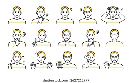 Casual young man facial expression icon set