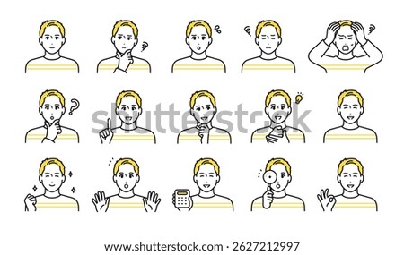 Casual young man facial expression icon set