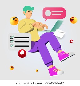 Casual Young Man Floating Using Computer. People Vector Design.