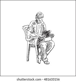casual  young man with notebook vector illustration, in sketch hand drawn style