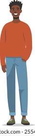 Casual Young Man Standing with Hand in Pocket.Man Dressed in a relaxed outfit, wearing a burnt orange long-sleeve shirt, light blue jeans, and green sneakers.Isolated Background vector illustration