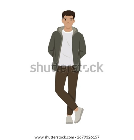Casual Young Man Standing with Hands in Pockets. Flat vector illustration isolated on white background