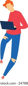Casual young man standing using laptop vector illustration. Red shirt blue jeans digital device male character design. Graphic technology remote work isolated white background