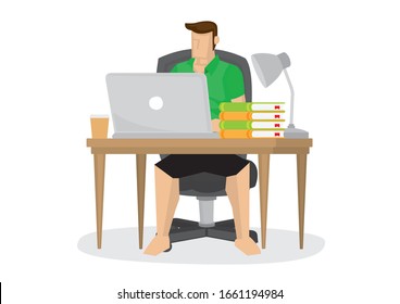 Casual young man working at home with his computer. Concept of online merchant, entrepreneurs or passive income earner. Flat isolated vector cartoon illustration.