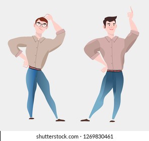 Casual young men character flat set in different poses vector illustration.