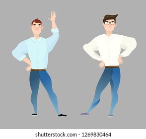 Casual young men character flat set in different poses vector illustration.