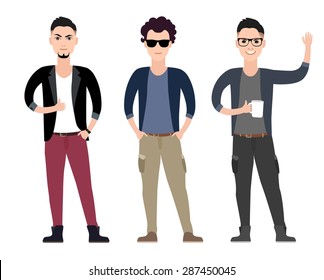 Casual young men character  flat set in different poses  vector illustration
