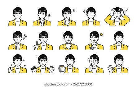 Casual young men facial expression icon set